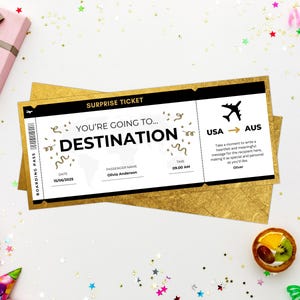 Boleto de regalo de viaje editable, tarjeta de embarque personalizable, plantilla Canva, boleto de avión, regalo para descarga instantánea