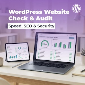 May include: A laptop and tablet displaying website audit reports. The laptop screen shows a performance score of 99/100. Text at the top reads "WordPress Website Check & Audit Speed, SEO & Security."