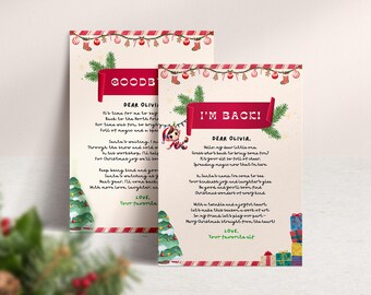 May include: Two Christmas-themed cards with red and green decorations. The first card says "GOODBYE" and the second card says "I'M BACK!" Both cards have a message to Olivia from an elf.