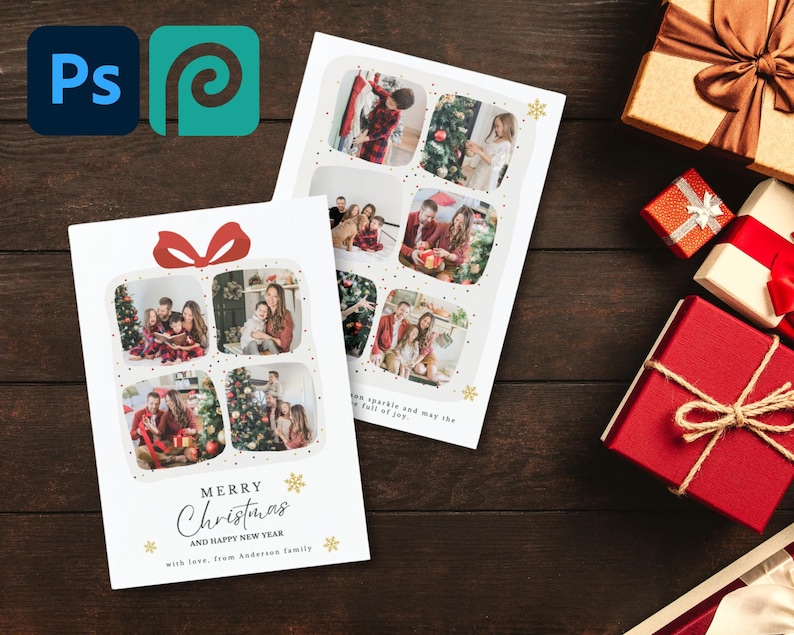 Christmas Card Photoshop Template, Customizable Holiday Greeting Card, Christmas Photo Card, DIY Photo Collage, Festive Holiday Card, PSD