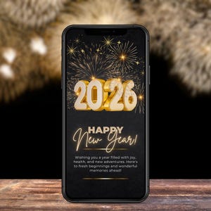 アニメーション化された新年の願い2026テンプレート、編集可能なCanvaテンプレート、カスタマイズ可能なモバイル新年のメッセージ、eカード、新年の挨拶