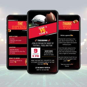 Könnte beinhalten: Ein schwarzer und roter Handybildschirm zeigt eine Einladung zu einem American-Football-Spiel. Die Einladung zeigt einen Footballhelm und einen Football mit dem Text "Team A vs Team B" und "Touchdown! Begleiten Sie uns zu einem epischen Abend mit Football, Essen und Spaß!" Datum und Uhrzeit der Veranstaltung sind mit "9. Februar, 17:00 Uhr" angegeben.