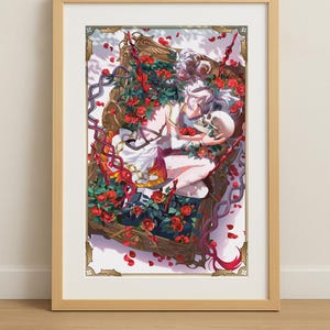 May include: A framed illustration of a woman with white hair lying in a coffin surrounded by red roses. The woman is holding a skull in her arms. The coffin is decorated with chains and vines.