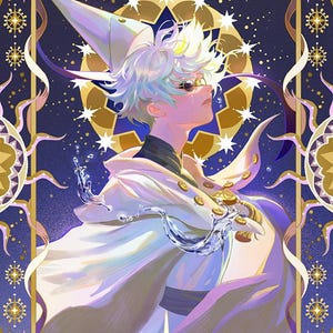 May include: Digital illustration of a person with white hair and a white cloak, set against a starry blue background. The artwork features gold and white decorative elements, including stars and floral patterns. The person is wearing a hat and glasses.