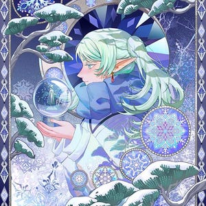 Könnte beinhalten: Illustration einer Person mit hellgrünen Haaren und spitzen Ohren, die ein blau-weißes Outfit trägt und eine Schneekugel hält. Der Hintergrund zeigt Schneeflocken, schneebedeckte Bäume und dekorative kreisförmige Muster in Blau- und Weißtönen.