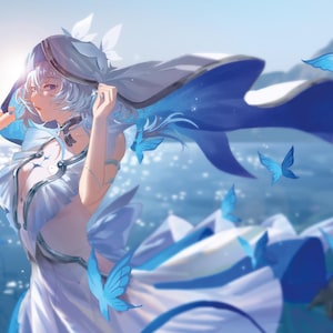 Impresión de postal de Olas Borrascosas, Guardián de la Costa, 5.5x8.5”, Arte de anime playero, elegante ilustración de chica de fantasía, Fanart de Wuwa