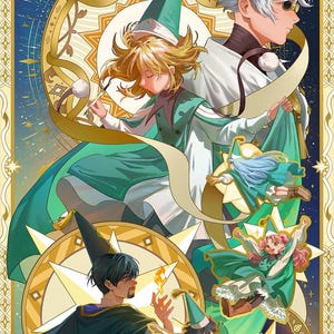 May include: An illustration featuring several figures in wizard attire, with green and white robes and pointed hats. The artwork has a celestial theme, with stars and golden accents. The figures are in dynamic poses, suggesting movement and magic.