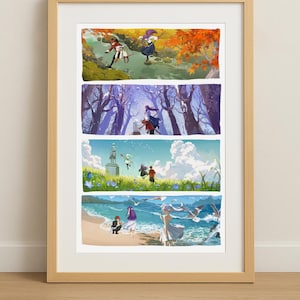May include: A framed print depicting four scenes representing the different seasons. The top scene shows a couple walking through a forest with red and orange leaves. The second scene shows a couple walking through a forest with purple trees. The third scene shows a couple walking through a field with a blue sky and white clouds. The bottom scene shows a couple walking on a beach with blue water and white waves.
