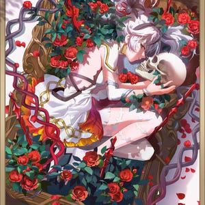May include: A white-haired woman in a white and red dress lies in a wooden coffin, surrounded by red roses and vines. She is holding a white skull in her arms.