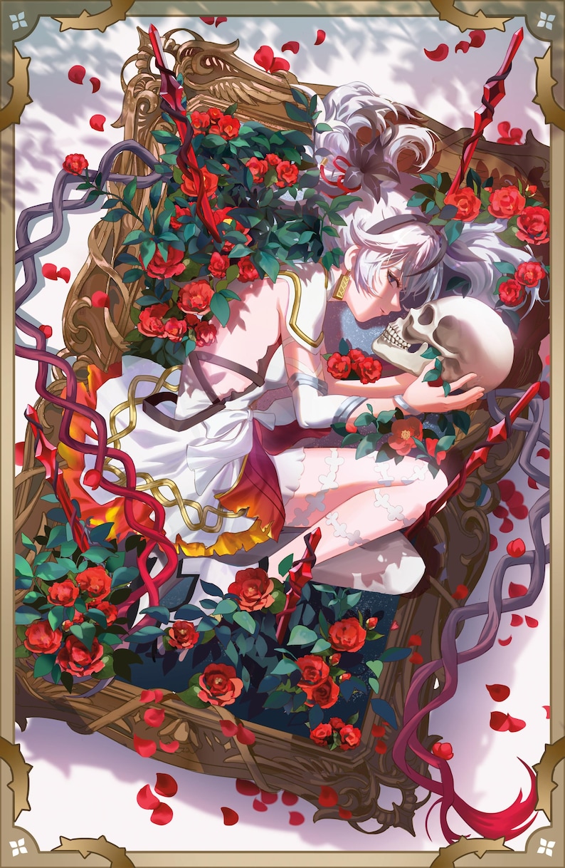 May include: A white-haired woman in a white and red dress lies in a wooden coffin, surrounded by red roses and vines. She is holding a white skull in her arms.