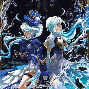 Puede incluir: Dos personajes de anime con cabello azul largo, uno con un vestido azul y dorado con una corona y el otro con un vestido blanco y dorado, de pie en un efecto de agua azul giratorio.