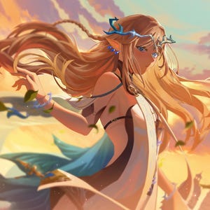 Carthethyia Wuthering Waves impression carte postale 5,5 x 8,5" coucher de soleil Anime Art, élégante fille fantastique Illustration Wuwa Fanart