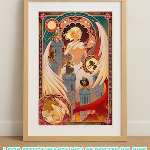 May include: A framed illustration of a woman with blonde hair and white wings standing in front of a castle. The woman is wearing a white dress and holding a sword. The castle is surrounded by a red and gold border.