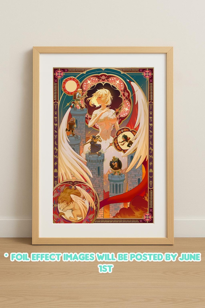 May include: A framed illustration of a woman with blonde hair and white wings standing in front of a castle. The woman is wearing a white dress and holding a sword. The castle is surrounded by a red and gold border.