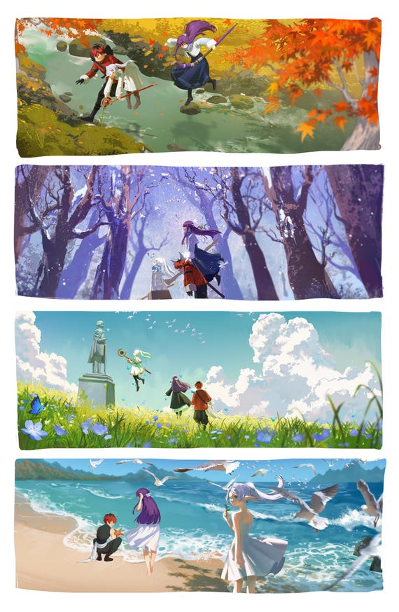 Frieren Beyond Journey’s End Art Print 4 Seasons Anime Poster 11x17” Seasonal Fantasy Wall Art Anime Landscape Print, Sou Sou no Frieren