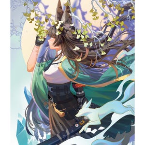 May include: An anime-style illustration of a person in a flowing green and white outfit, with long brown hair and fox-like ears. The person is holding a sword, with two white foxes leaping in the foreground. The background features a large moon and branches with yellow leaves.
