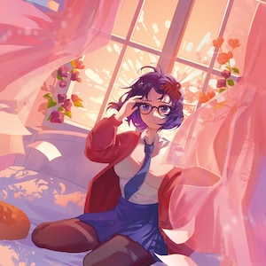 May include: An anime-style illustration of a person wearing glasses, a red cardigan, and a blue skirt, sitting on a bed near a window. The scene is bathed in warm, pinkish light, with curtains and floral accents adding to the aesthetic.