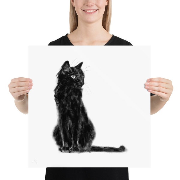 Black cat drawing, Art print, Black cat poster, Hand painted digital art, Animal painting