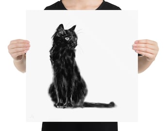 Black cat drawing, Art print, Black cat poster, Hand painted digital art, Animal painting