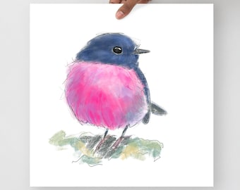 Pink robin art print, Bird wall art, Australian bird art, Pink robin poster, Hand painted digital art, Robin drawing, Nursery artwork