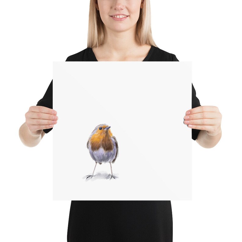 May include: A watercolor painting of a robin bird with a red breast, gray wings, and a yellow beak. The bird is standing on a white background.