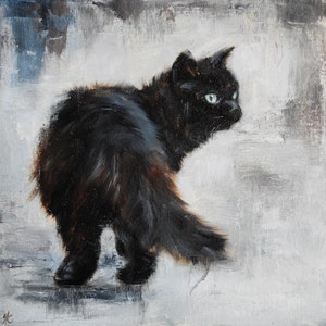 May include: A black cat with green eyes is walking on a white background. The cat's fur is fluffy and its tail is long. The background is painted with a textured brushstroke effect.