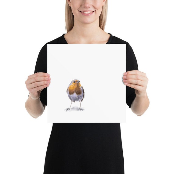 Large robin poster, European robin art print, Original digital art, Bird wall art, Hand painted artwork