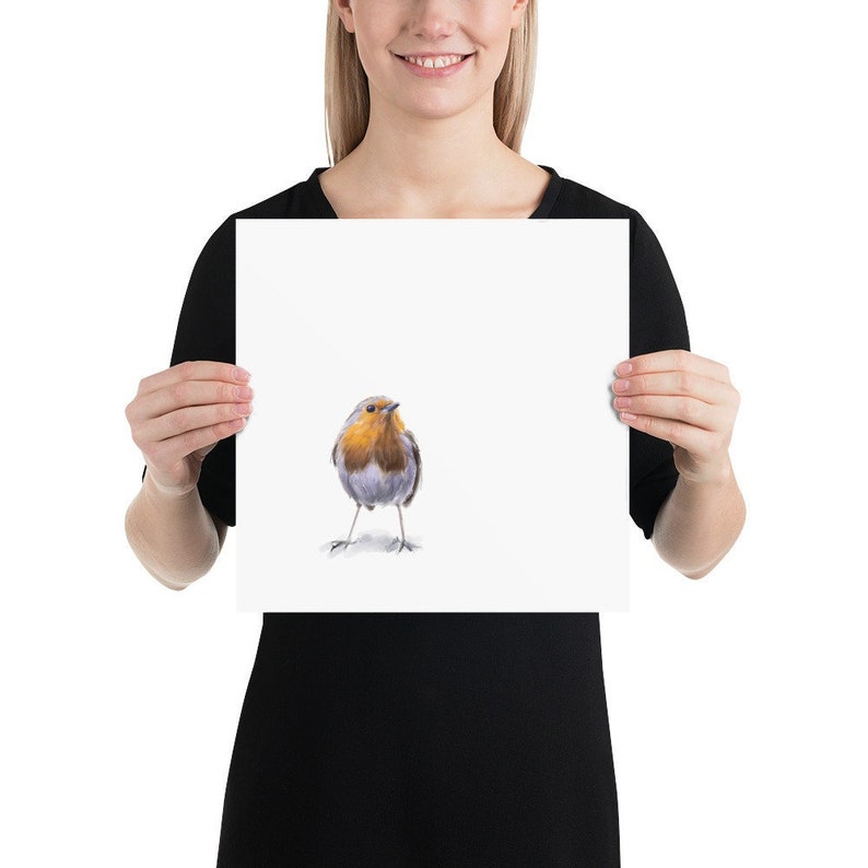 May include: A watercolor painting of a robin bird with a red breast, gray wings, and a yellow beak. The bird is standing on a white background.