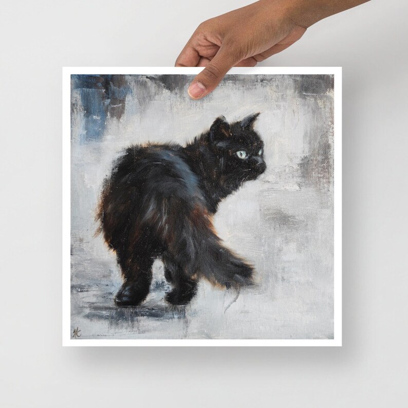 May include: A black cat with green eyes is looking over its shoulder. The cat is painted in a realistic style with a soft, textured background.