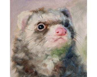May include: A close-up painting of a ferret with brown and white fur. The ferret has one blue eye and one brown eye. The ferret's nose is pink and its whiskers are visible.