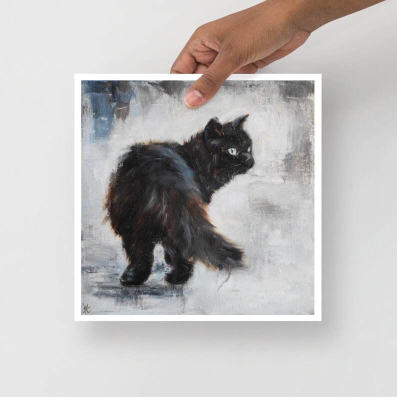 May include: A painting of a black cat with green eyes, looking over its shoulder. The cat is standing on a light gray background with subtle brushstrokes.