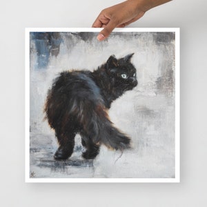 May include: A black cat with green eyes is looking over its shoulder. The cat is painted in a realistic style with a soft, fuzzy texture. The background is a light gray with subtle brushstrokes.