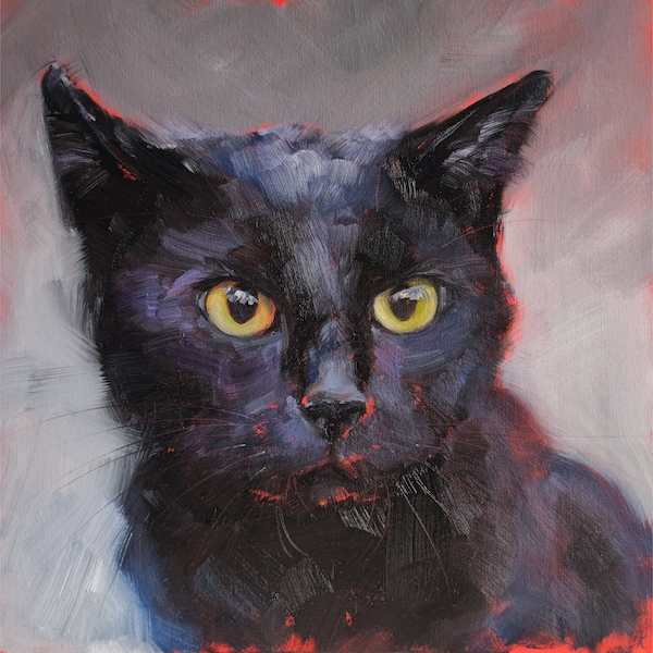 Black cat portrait, Pet painting, Cat print from Original painting by Iryna Khort