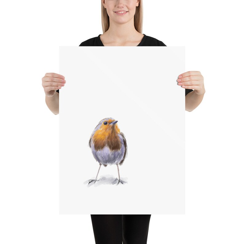 May include: A watercolor painting of a robin, a small bird with a bright orange breast, perched on a white background.