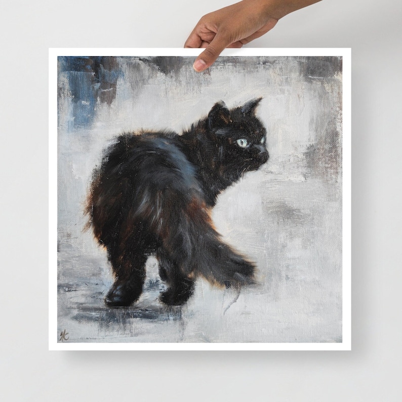 May include: A black cat with green eyes is walking away from the camera. The cat is in focus, while the background is blurred and painted in shades of gray.