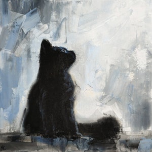May include: A black cat sits on a white and gray background, looking up. The cat is painted in a realistic style, with a focus on its fur and eyes. The background is abstract and textured, with brushstrokes visible.