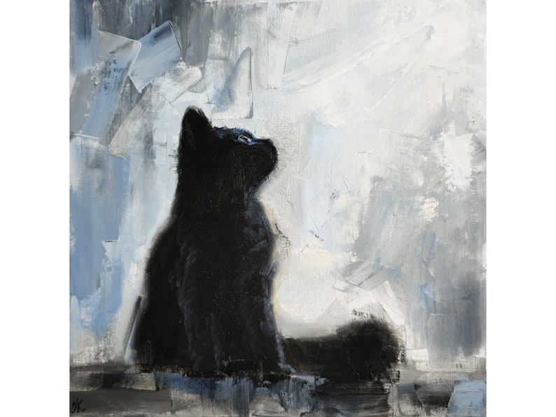 May include: A black cat sits on a white and gray background, looking up. The cat is painted in a realistic style, with a focus on its fur and eyes. The background is abstract and textured, with brushstrokes visible.