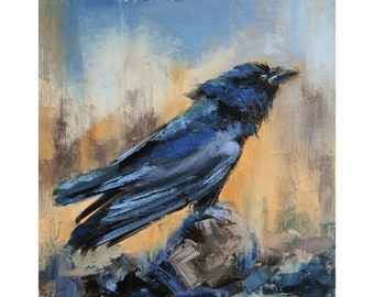 Raafafdruk van origineel schilderij van Iryna Khort, gotische kunst, kunst aan de muur vogels, schilderij kraai
