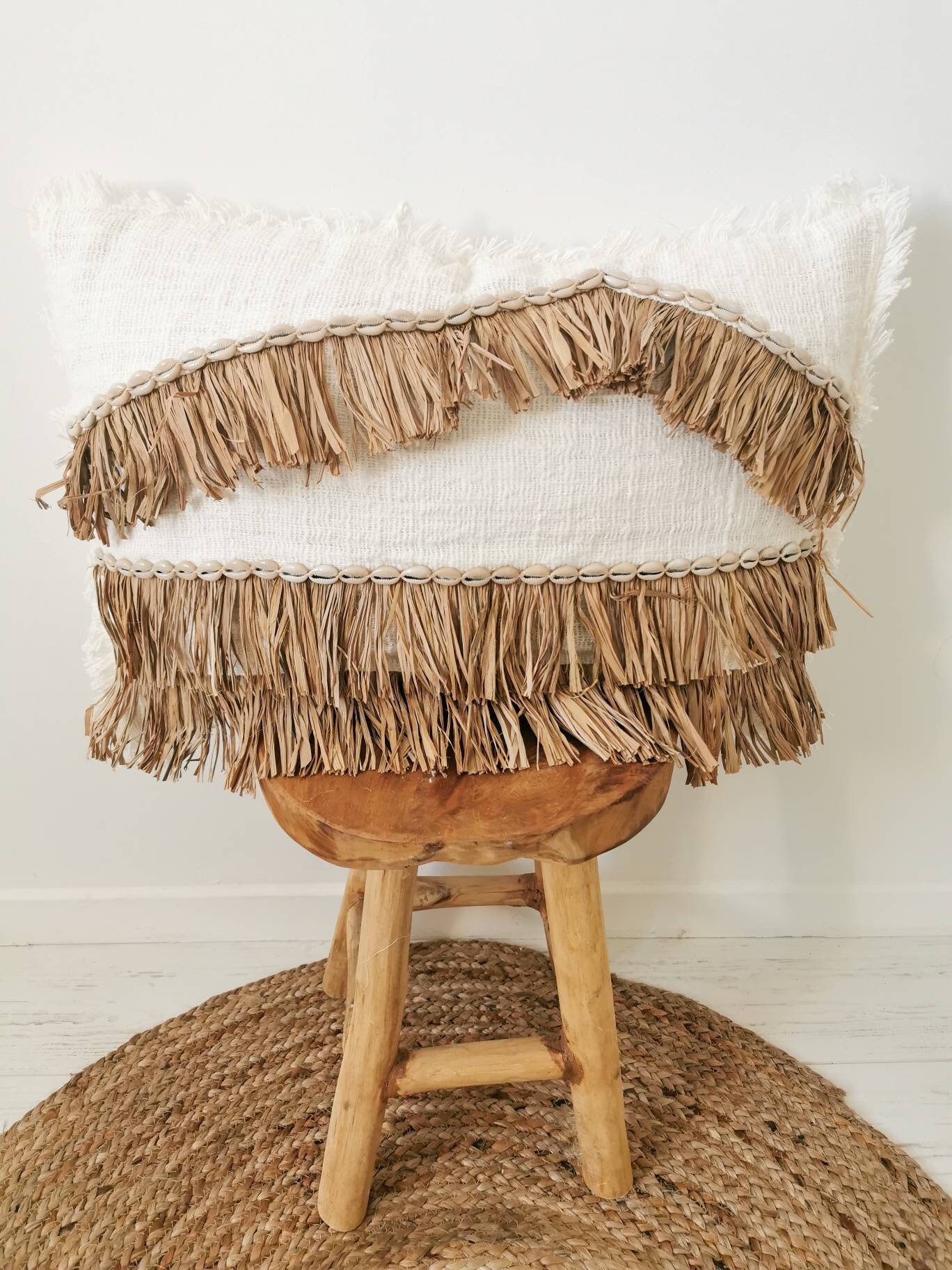 Housse de Coussin Camille Sans Insert 100 % Coton Coquillage et Raphia 40 X 60 cm