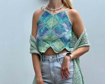 2yk style handmade knitted top and scarf set, crochet top, 2000s style crochet outfit