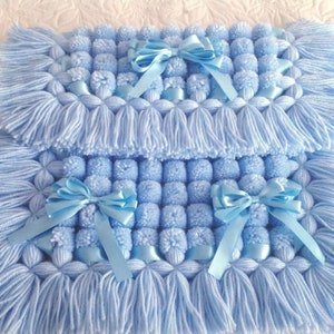 Babies pompom pram blanket/topper/winter blanket/baby boy blanket/handmade