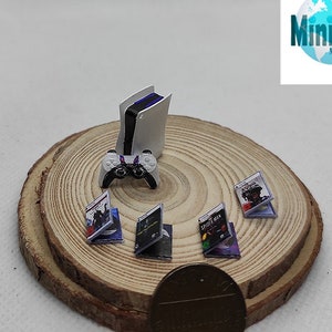 FAN ART PS5, MINIATURE console controller and  4 games, 1/24 scale (0.75&quot;). Artisan painted.