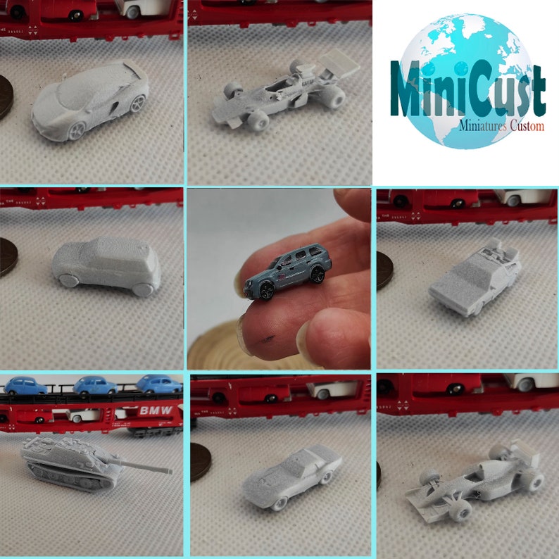 Puede incluir: Una colecci&oacute;n de coches en miniatura impresos en 3D y un tanque. Los coches son de varios estilos, incluyendo un coche deportivo, un SUV y un coche de carreras. El tanque es un tanque militar gris. Los modelos est&aacute;n todos impresos en gris claro.
