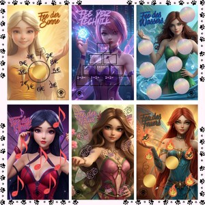 Könnte beinhalten: Eine Collage von sechs Fantasy-Kunstdrucken mit weiblichen Figuren. Jeder Druck hat ein anderes Thema, darunter Sonne, Technik, Wasser, Musik, Natur und Feuer. Die Drucke haben deutschen Text und verschiedene Symbole.