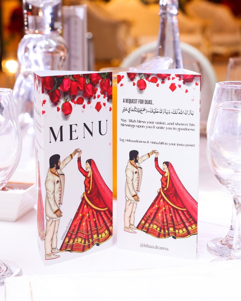Custom Wedding Menu Illustration Card | 3 Sided Table Menu | Arabic ...