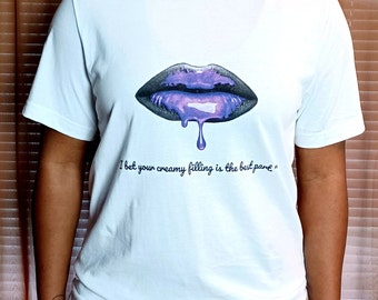 I Bet Your Creamy Filling Is the Best Part Tee, Dripping Purple Lips On White Jersey, Unisex, Short Sleeve Tee, Graphic Tee