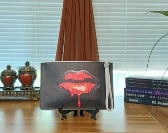 Red Dripping Lips Clutch, Vegan leather Purse, Black Wristlet, Gift for her, Best friend Gift