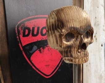 Ducati Fan Art Little Wall-Mounted Motorcycle Helmet Holder – Wooden Stand with Custom Metal Plate – Compact, Multifunctional, Handmade Biker Decor