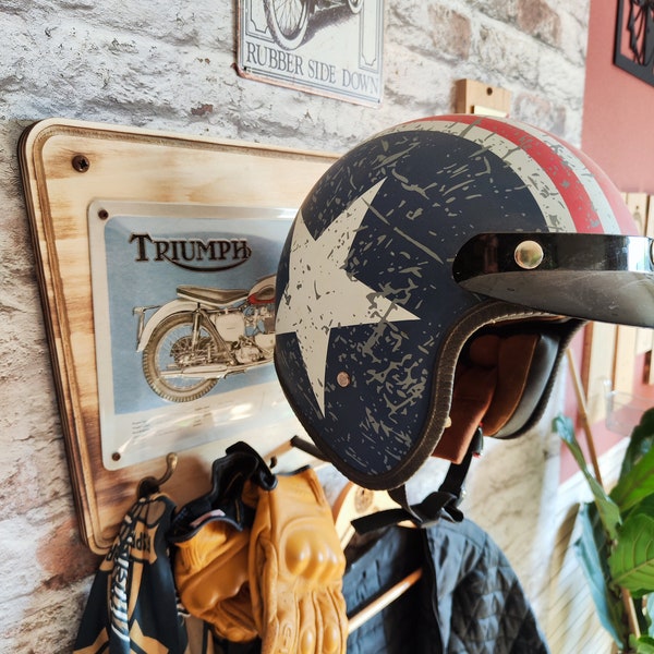 Triumph Plaque Officielle Nostalgic Arts avec ou sans  Porte-Casque Moto en Bois Multi-support