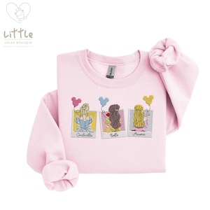May include: Pink sweatshirt with a graphic of three Disney princesses, Cinderella, Belle, and Aurora, in a photo booth with balloons. The text "Cinderella", "Belle", and "Aurora" is below each princess.